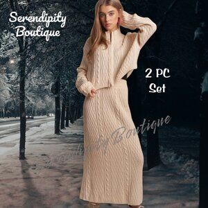 Snuggle Comfy High Neck Long Sleeve Zip Up Cardigan Maxi Skirt Sweater Set